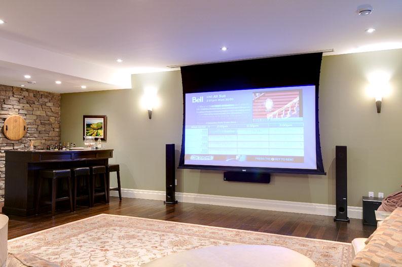 Family room home theatre (screen down). 