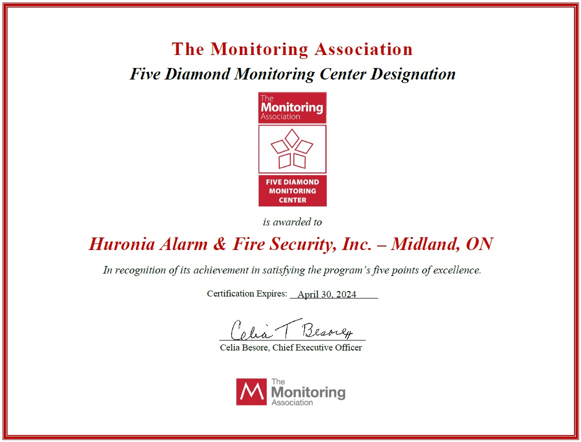 Huronia Alarm & Fire Security, Inc. renews TMA Five Diamond Monitoring Center Designation, 2024